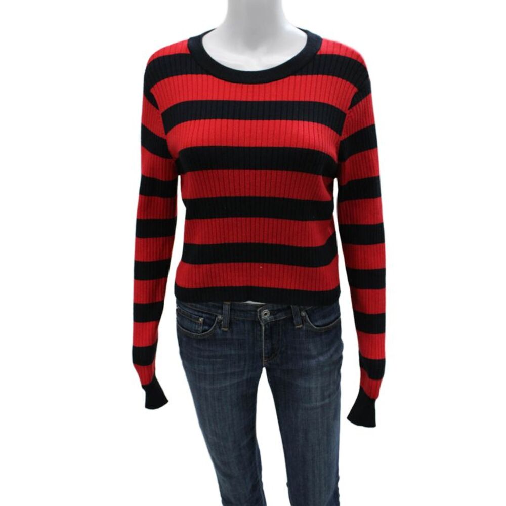 Milly Women Striped Viscose Crew Neck Long Sleeve Pullover Sweater Red Size S